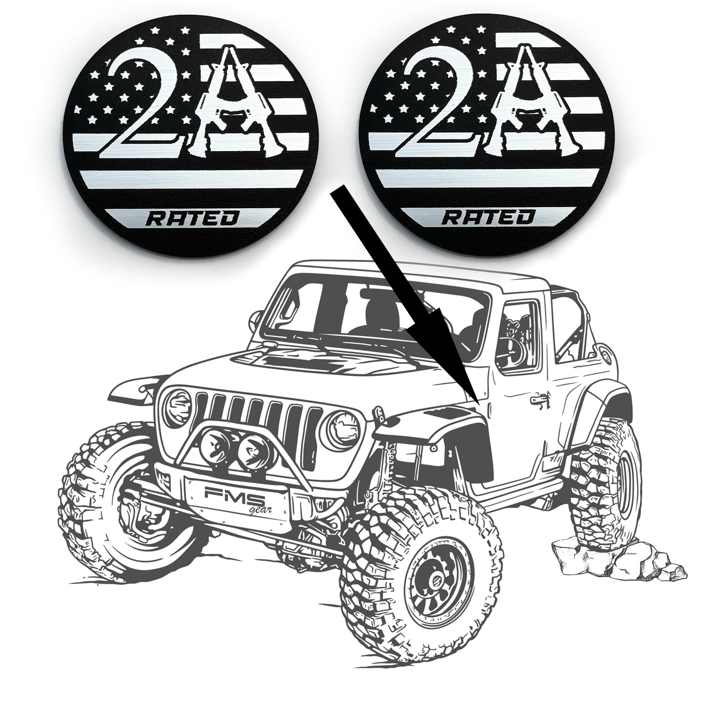 (2) 2nd Amendment Rated Fender Badges fits JEEP WRANGLER YJ JL JK TJ CJ emblems 4x4