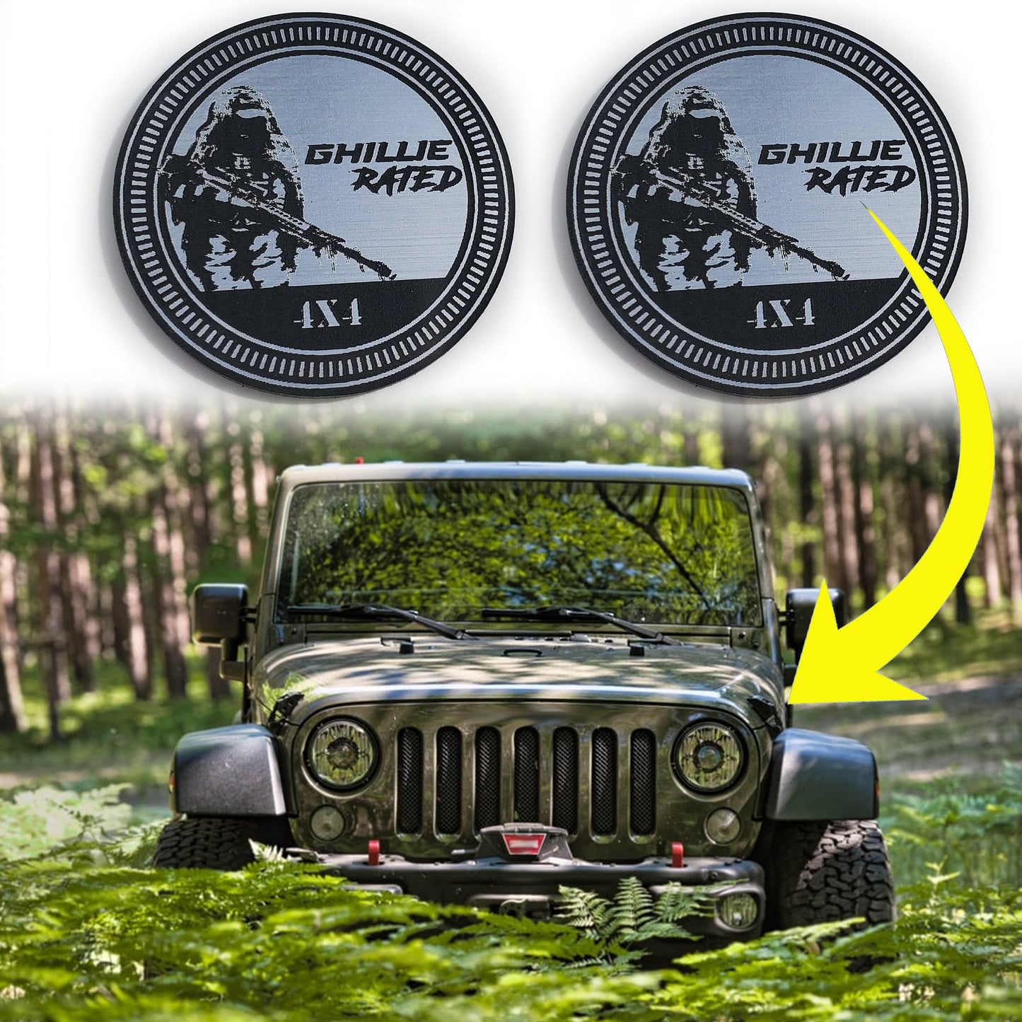 One (1) GHILLIE Rated Fender Badges fits JEEP WRANGLER YJ JL JK TJ CJ emblems