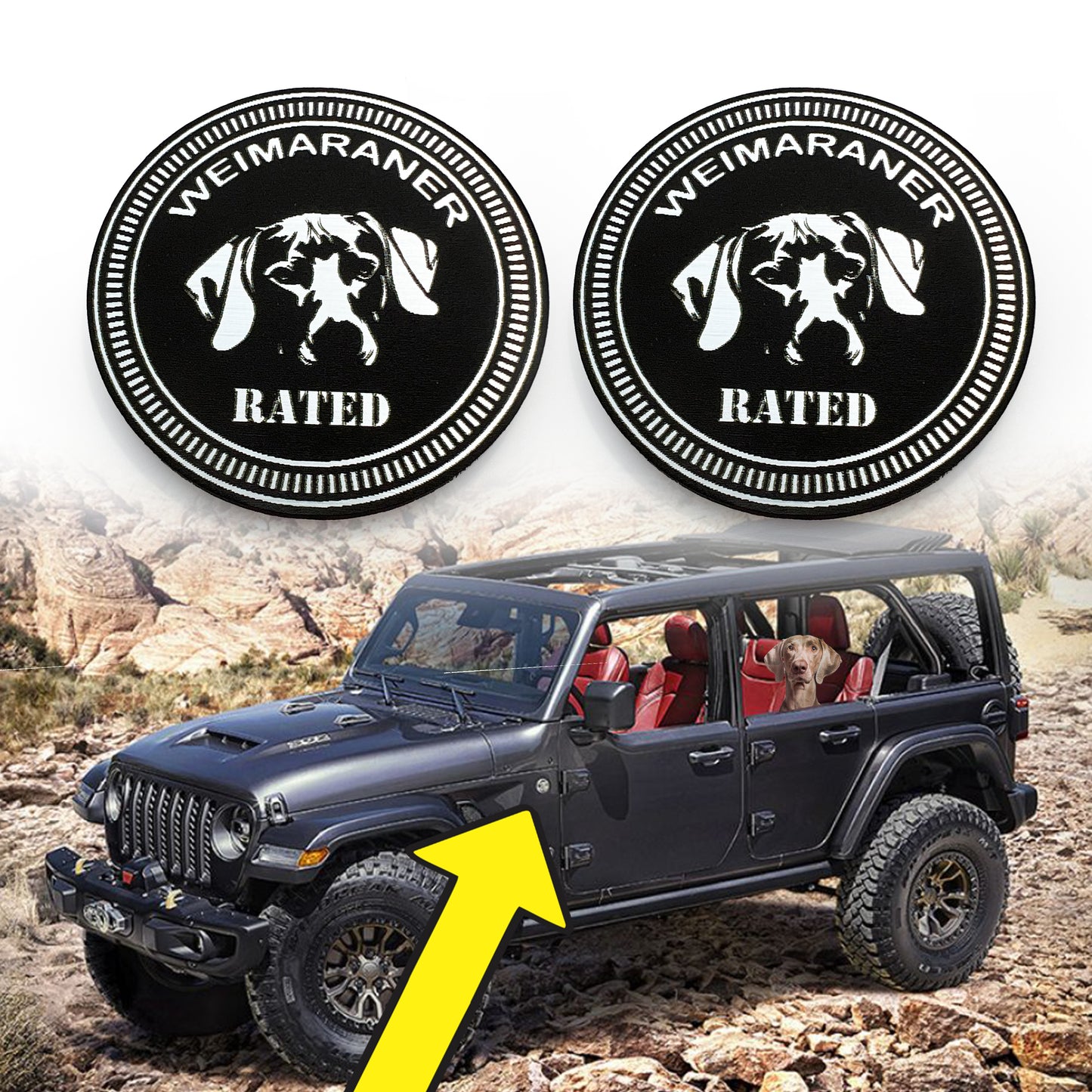 Pair (2) WEIMARANER Rated Fender Badges fits JEEP WRANGLER YJ JL JK TJ CJ emblems 4x4