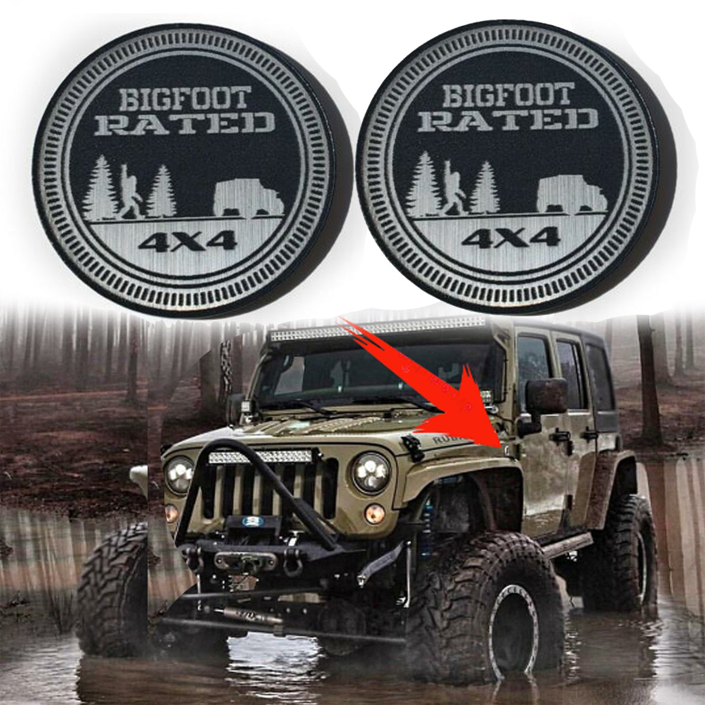 Pair (2) BIGFOOT Rated Fender Badges fits JEEP WRANGLER YJ JL JK TJ CJ emblems