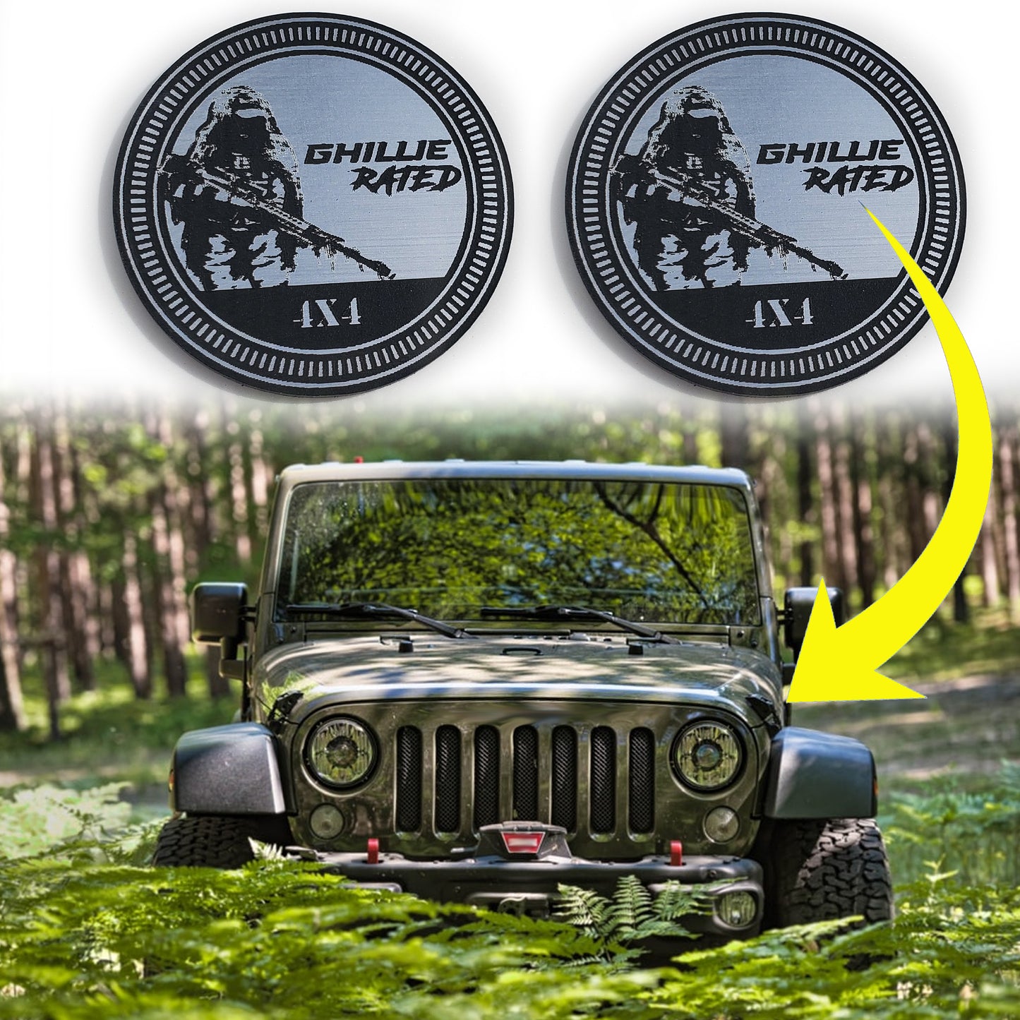 Pair (2) GHILLIE Rated Fender Badges fits JEEP WRANGLER YJ JL JK TJ CJ emblems