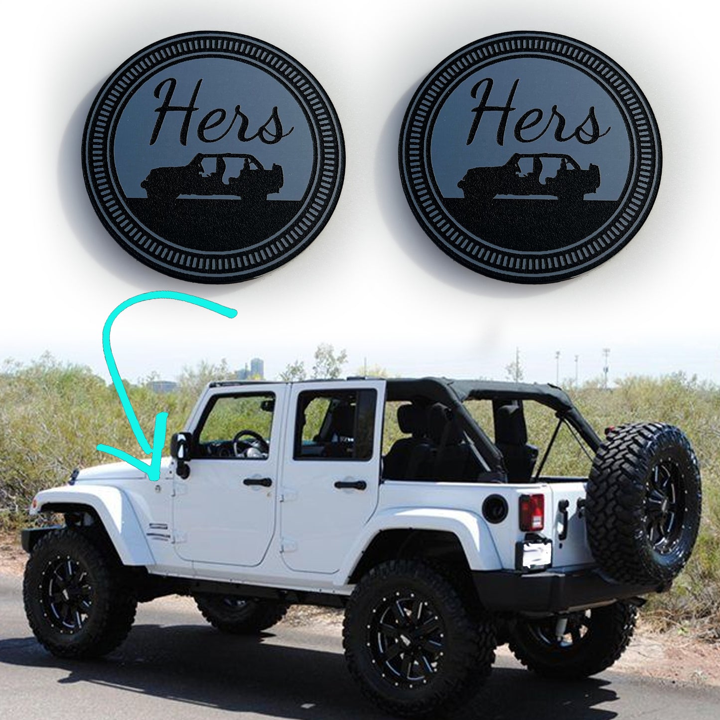 (2) HERS Fender Badges fits JEEP WRANGLER YJ JL JK TJ CJ emblems 4x4
