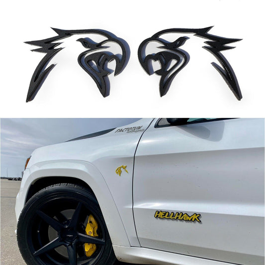 Custom HELLHAWK emblems for Jeep showing black eagle design and HELLHAWK text on white Jeep