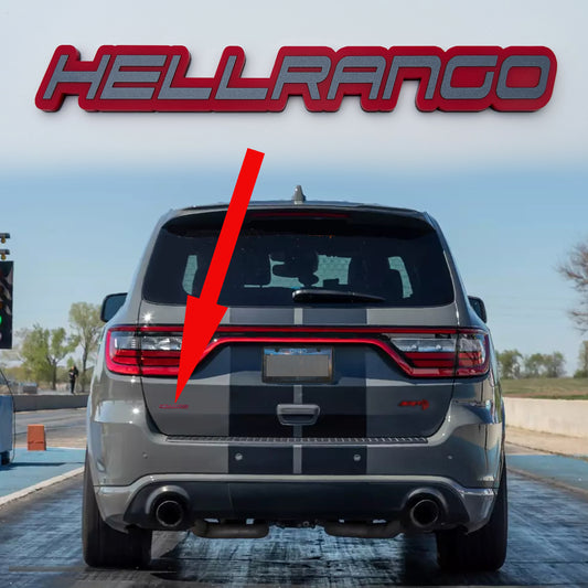 HELLRANGO badge for Durango emblem in red on rear of gray SUV by FMSgear