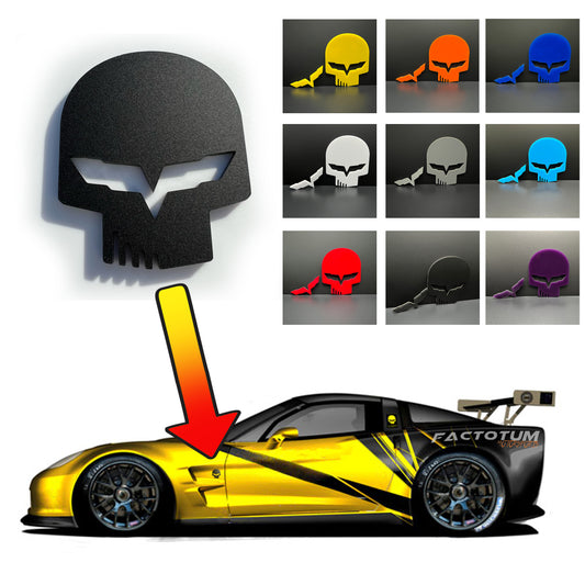 Jake skull badge for Corvette in multiple colors displayed above yellow race Corvette with badge location highlighted