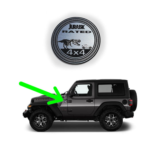 FMSgear jurassic fender badge for jeep featuring a dinosaur design attached to a black Jeep Wrangler fender