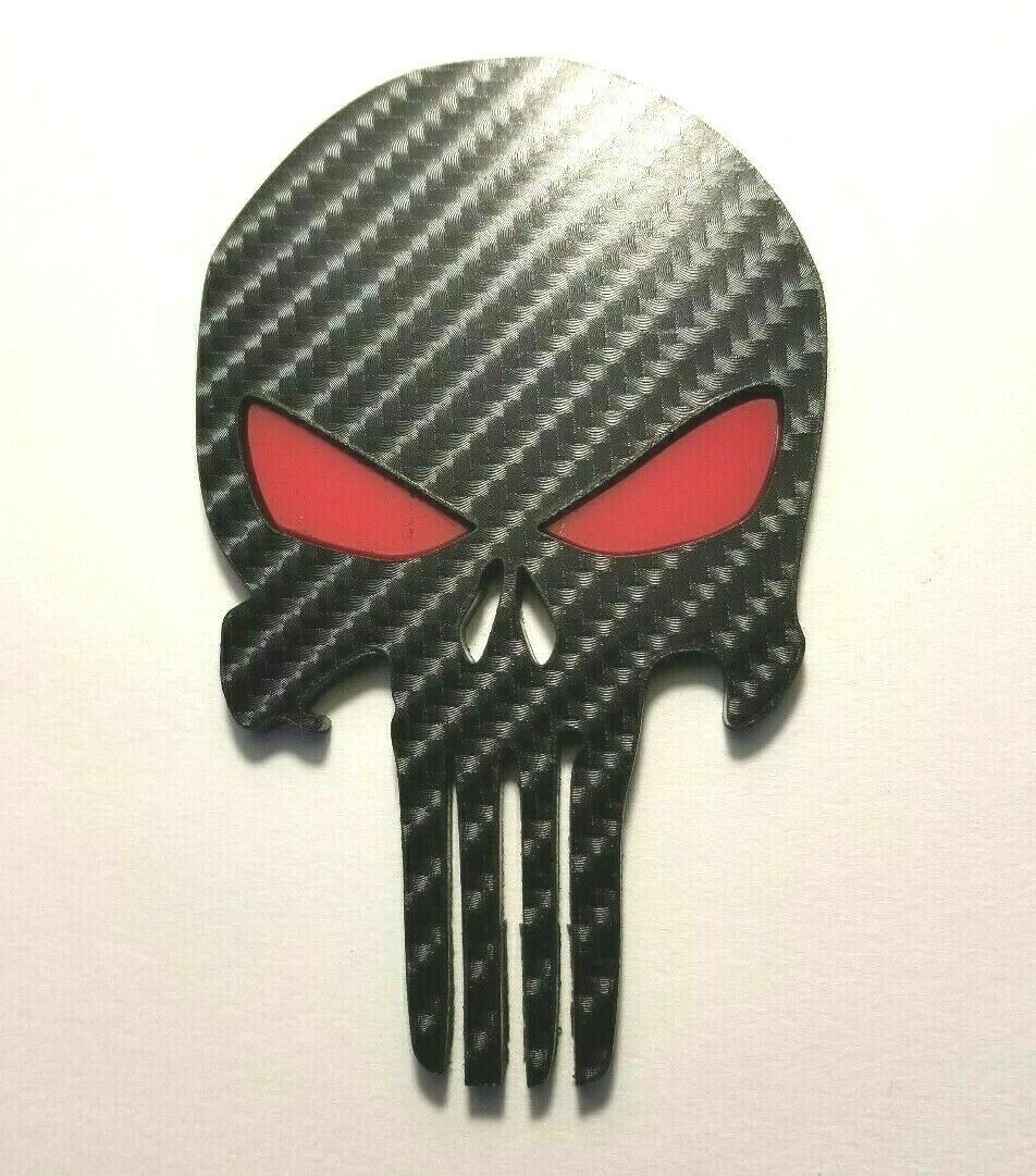 FMSgear carbon fiber Punisher emblem with striking red eyes and textured finish