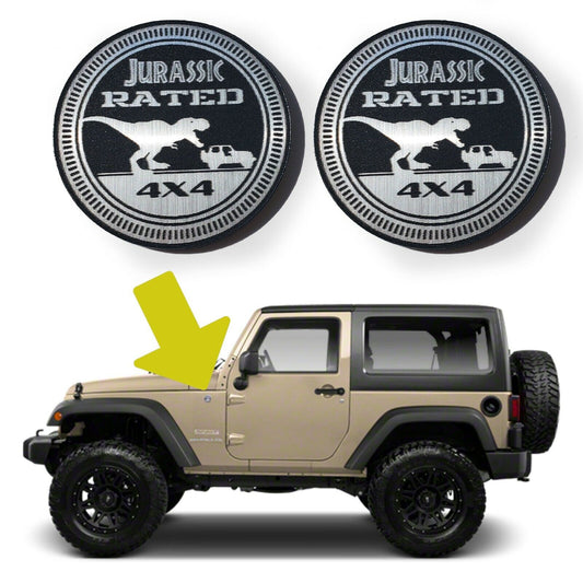 Jurassic fender badges for Jeep Wrangler featuring dinosaur and 4x4 design by FMSgear